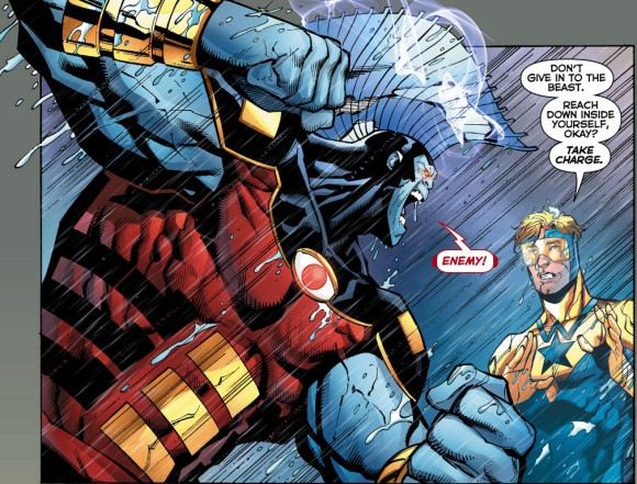 O.M.A.C. about to punch Booster Gold in a panel in Justice League International #11