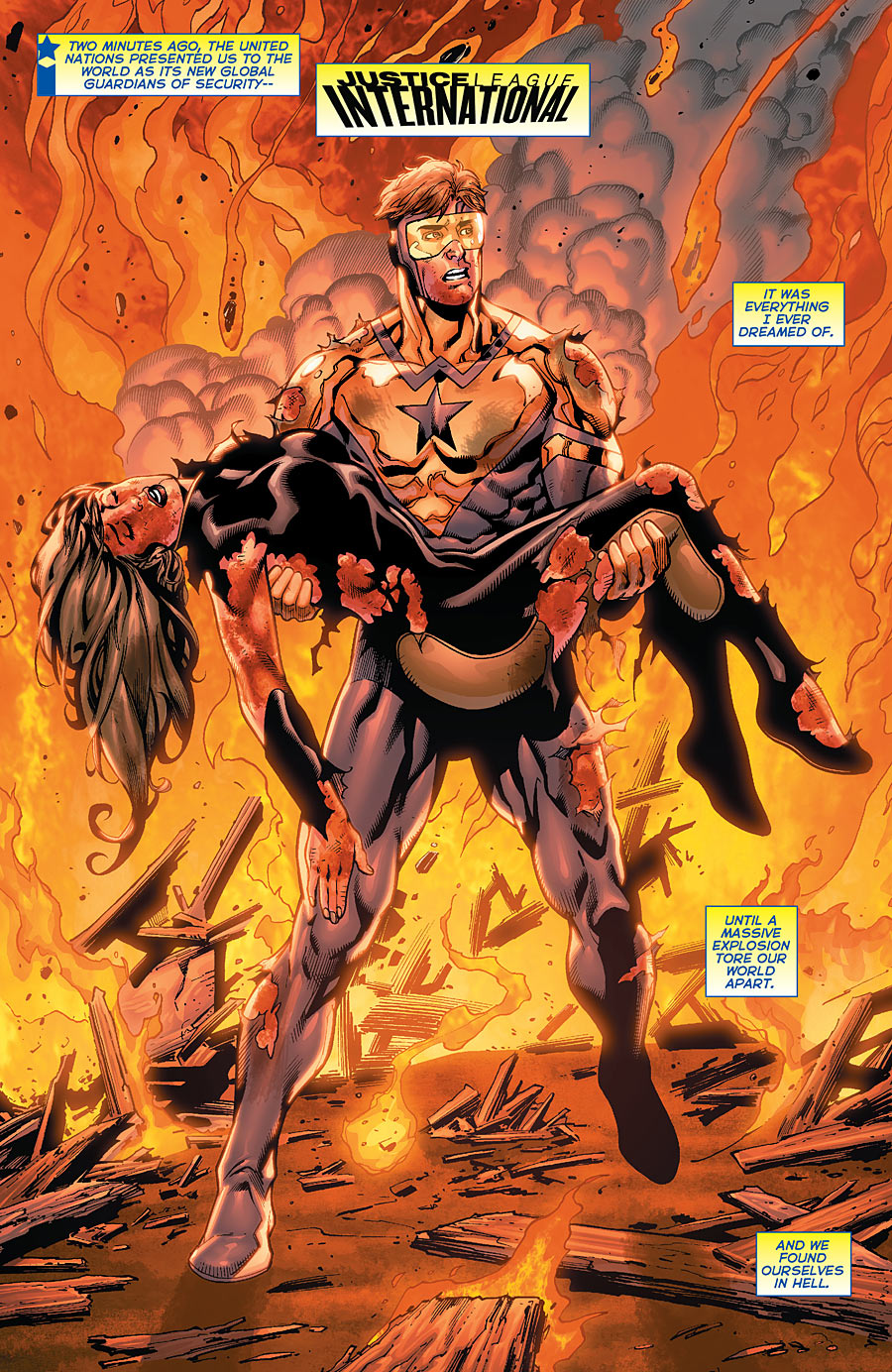 JLI #7 (2012) featuring Booster Gold and Fire full-page spread