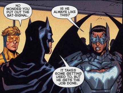 Justice League International #8 panel with Booster Gold, Batman and Batwing