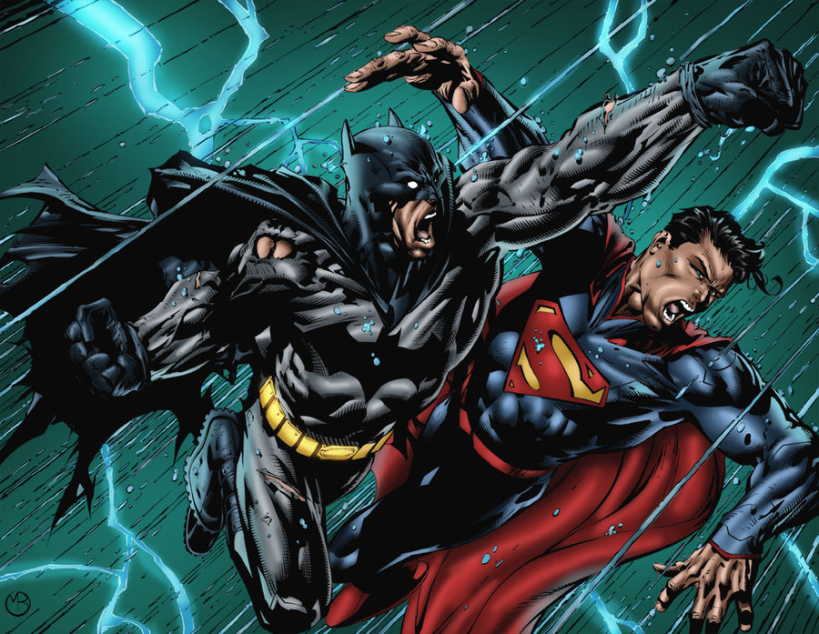 Batman: The Dark Knight #5 (2012) second two-page spread with Batman punching Superman. 