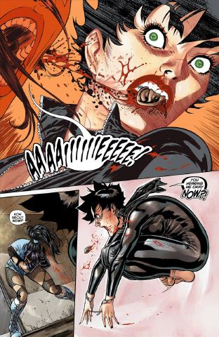 DC Comics New 52: Catwoman #6 panel page featuring Catwoman biting off Reach's ear.