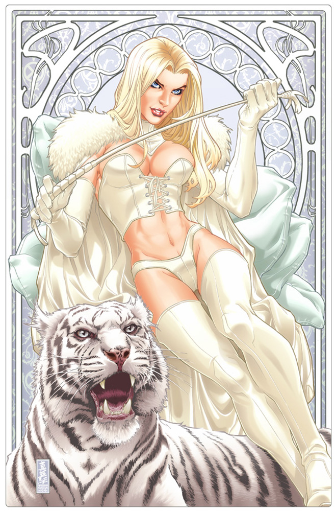 Emma Frost in White with a White Jaguar