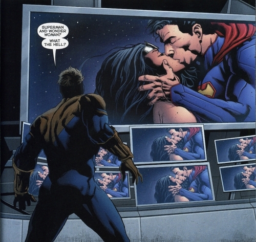 Justice League International Annual #1 Booster Gold reacts to Superman and Wonder Woman kissing