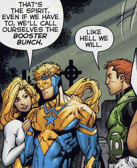 Justice League International #12 panel with Godiva, Booster Gold and Guy Gardner