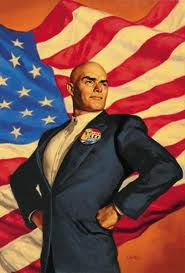 Lex Luthor in front of presidential flag.