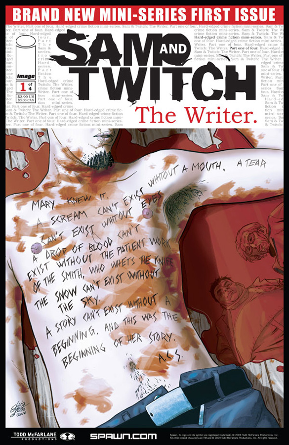 Sam and Twitch are two detectives that have seen their share of the strange and crazy. Not only are they friends with Spawn, but they played a role in helping him stop Armageddon from happening (Spawn 150-164). Now Sam and Twitch are the top dogs at the police station and given all of the high profile cases. The Writer is a serial killer that carves stories into his victim's bodies. In fact the victim is more of a canvas than a target, making his profile difficult to construct. Because it's a high profile case it falls right into the laps of Sam and Twitch.