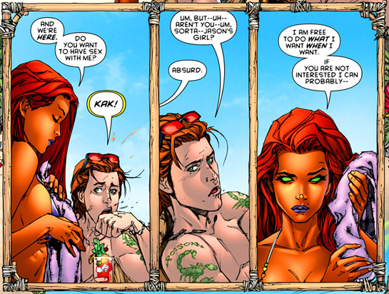 Red Hood and the Outlaws #1 panels with Starfire and Red Arrow