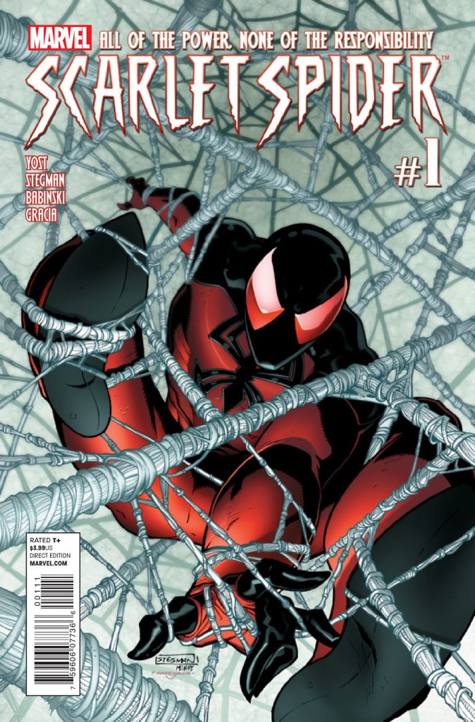 Marvel Comics: Scarlet Spider #1 (2012) written by Yost and drawn by Stegman.