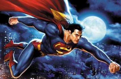 Superman flying through Metropolis at night
