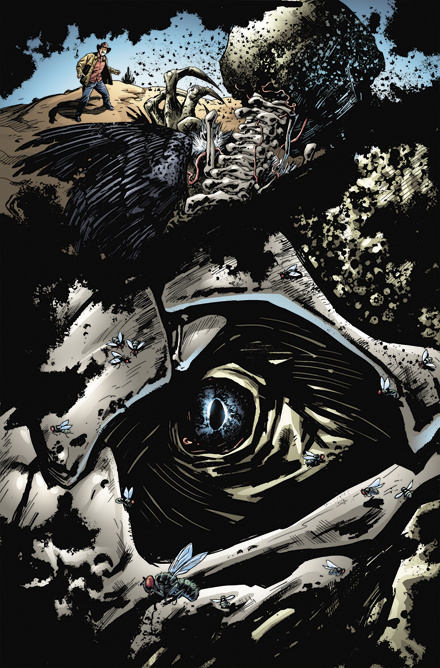 Swamp Thing #1 (2011) panel with a monster's bones and a scientist