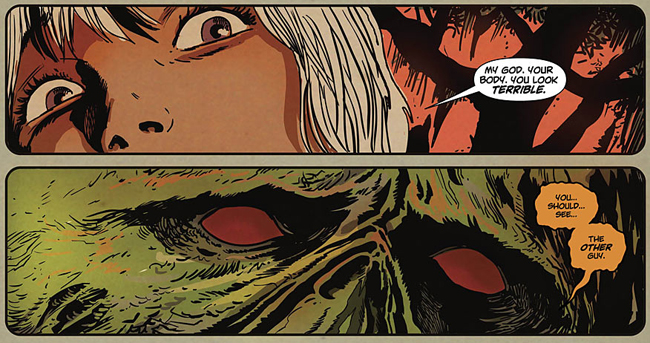 Swamp Thing #10 panel with Alec Holland as Swamp Thing and Abby